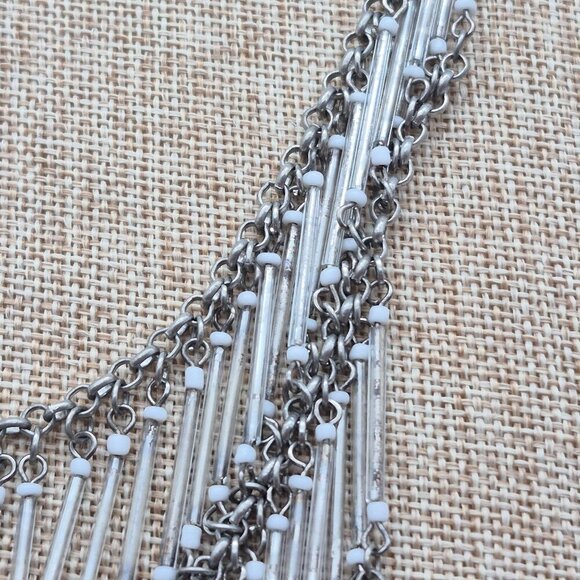 NY Signed Silver Tone Layered Cascade Statement Bib Collar Necklace 16" to 19" - Picture 4 of 6